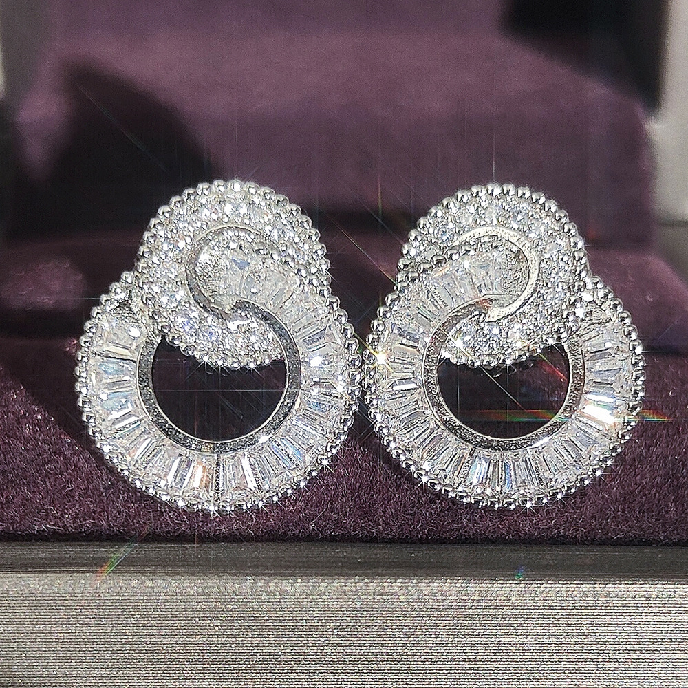 2025 Top Sell Classical Jewelry Stud Earrings 925 Sterling Silver Full Princess Cut White Topaz CZ Diamond Gemstones Elegant Women Double Circle Earri