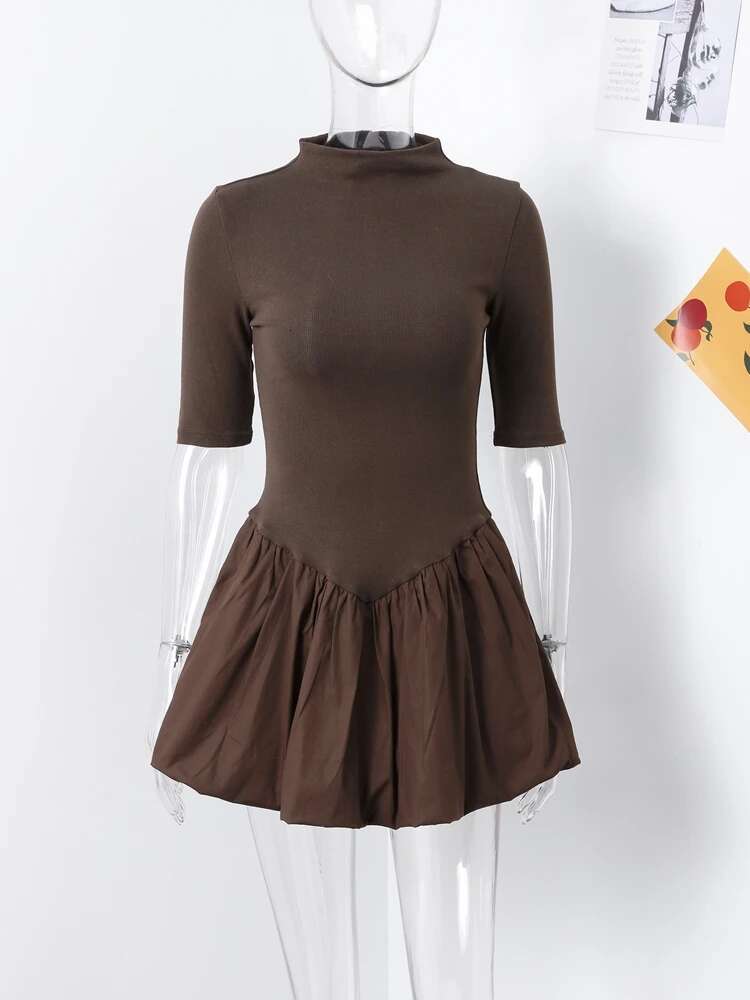 Casual Knitted Patchwork Dress Women O-Neck Short Sleeves Pleated A-E Mini Dresses Female 2024 Autumn Fashion Knit Lady Robe