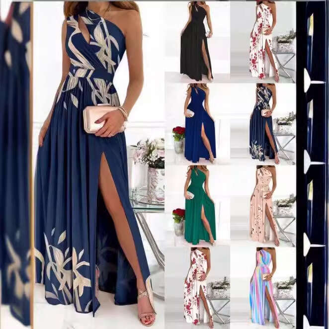 New Women's Clothing Slanted Shoulder Hollowed Out Temperament Commuting Gradient Color High Slit Dress Long Skirt