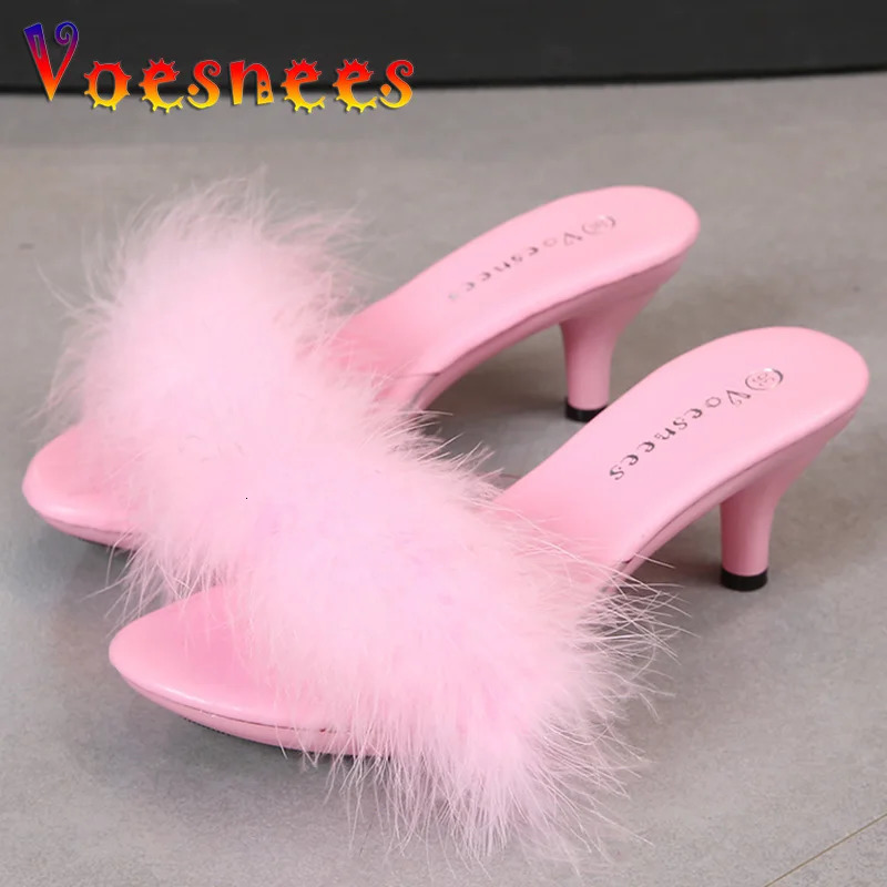 Summer Low Heel Bling Rhinestones Slippers Transparent Maomao Sandals Thin High Heels Sexy Party Comfortable Crystal Women Shoes 250107