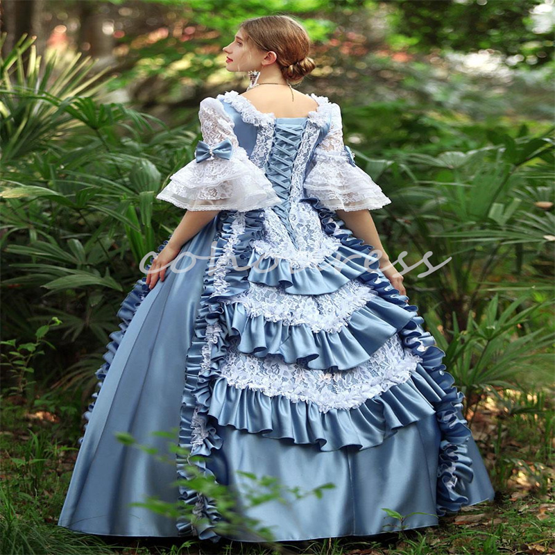 Historical Blue French Duchess Prom Dress Rococo Lace Steampunk Renaissance Bustle Evening Gowns Aesthetic Party War Marie Antoinette Formal Occasion 