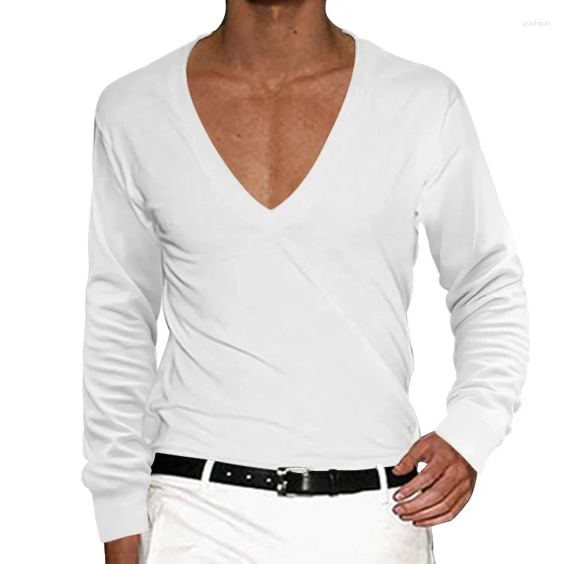 Men's T Shirts 2025 T-Shirt Summer Low Cut Deep V Neck Comfortable Shirt Tops Long Sleeve Casual Pullover Sexy Slim Fit Tees