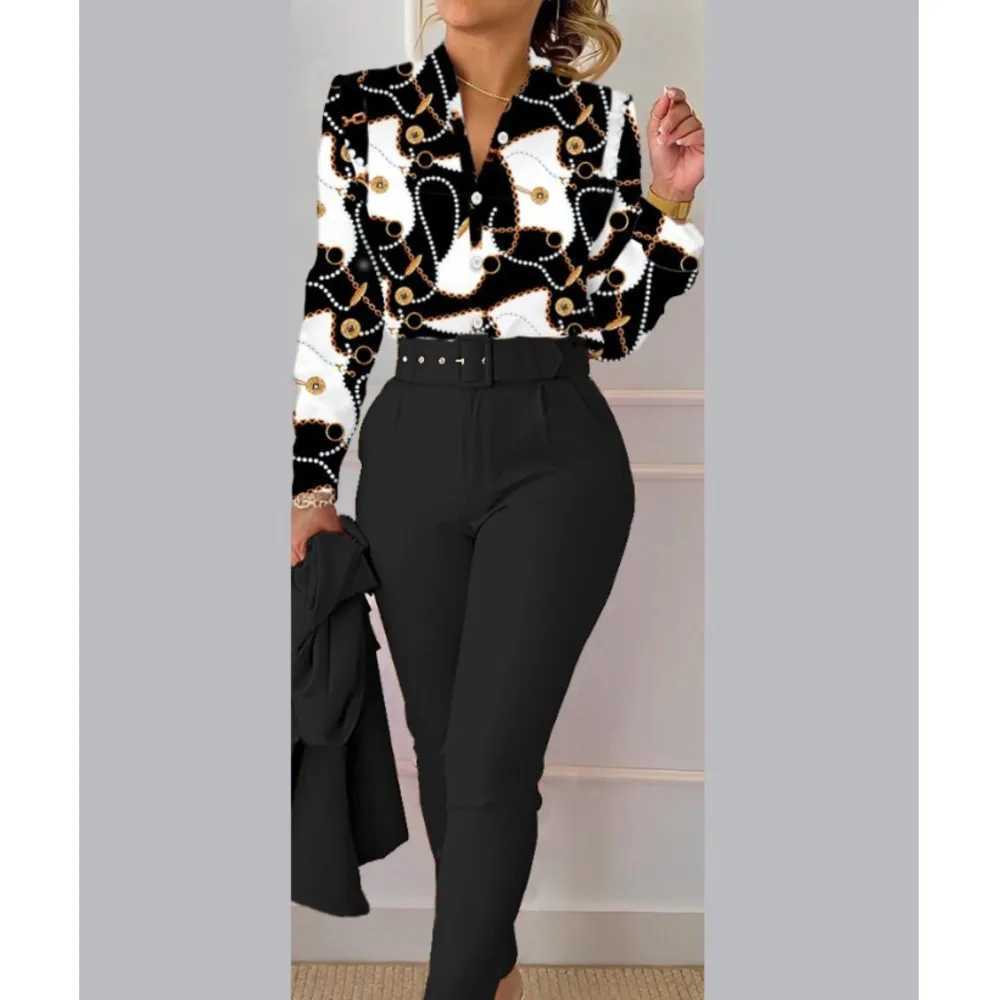 Ele Womens Printed Two Piece Set Spring and Autumn V-neck Long Sve Shirt Top and Pants Set Including Work Clothes Set W250108