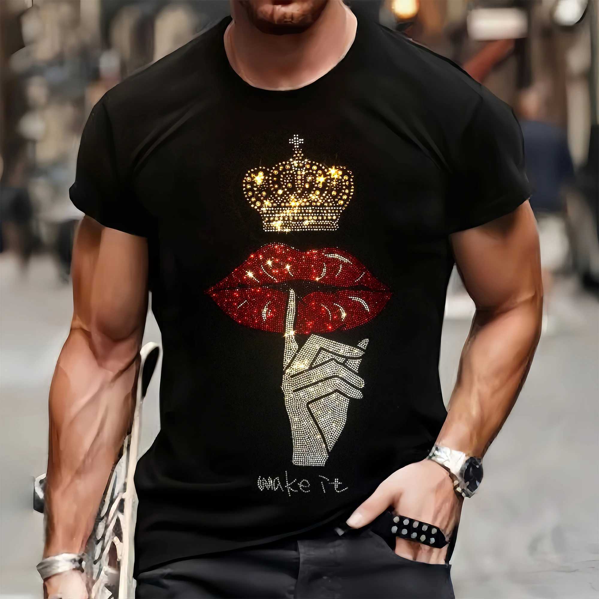 Fashionable mens high-quality T-shirt autumn casual street short sleeved clothing T-shirt top O-neck red lip rhinestone designer T-shirt Y2k M250108