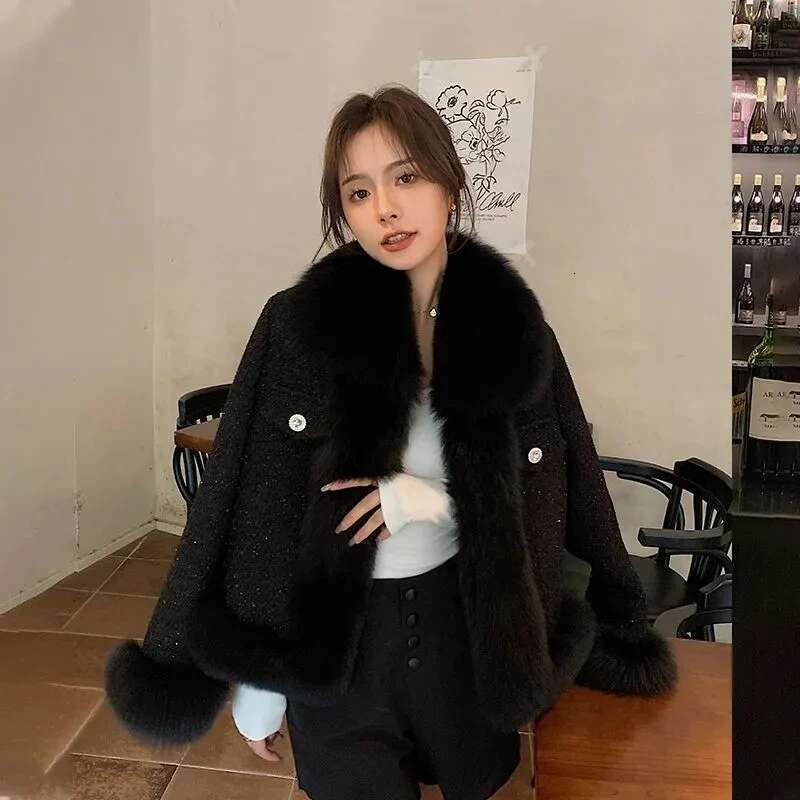 Sparkg Small Fragrant Wind Coat Women 2023 Autumn/Winter New Combination Rough Tweed Imitation Fox Fur Top Warm Cardigan