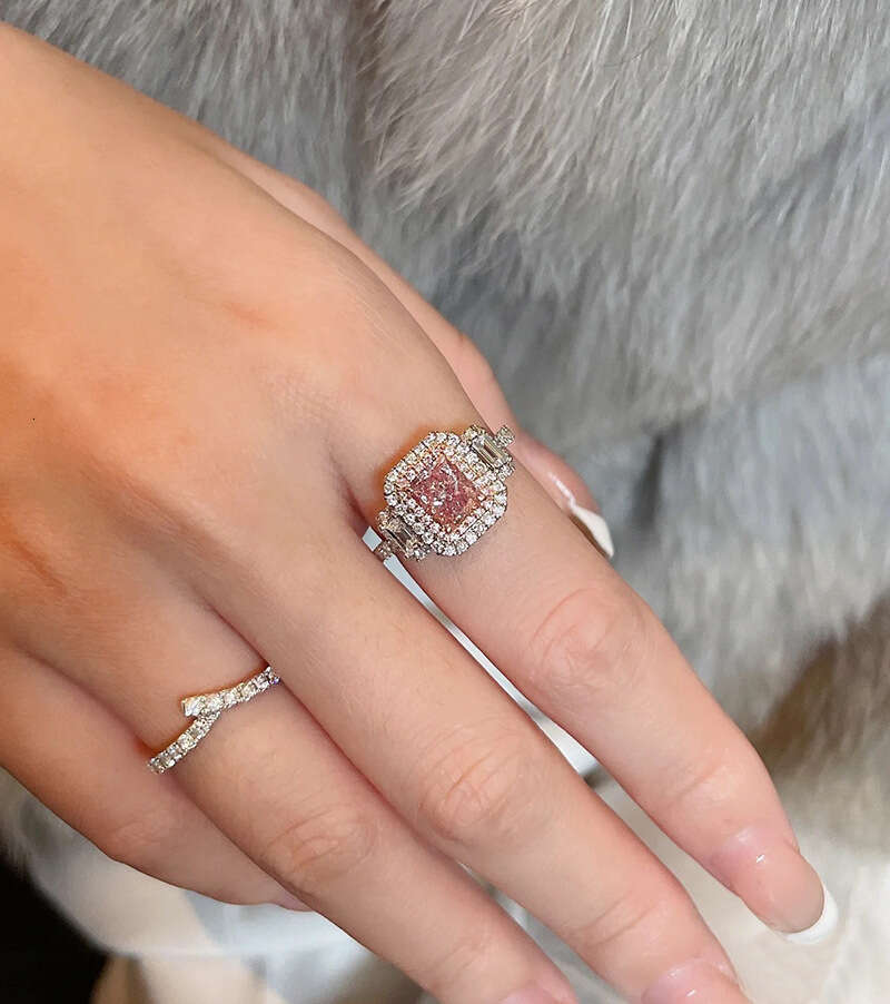 princess luxury ring womens super sparkling micro inlaid square pink diamond premium sense index finger temperament jewelry