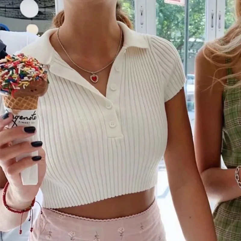 Polo Collar Top Womens Short Sleeved t-shirt crop top Summer White Vertical Stripes Slim Casual mujer clothes Button Accessory 250107