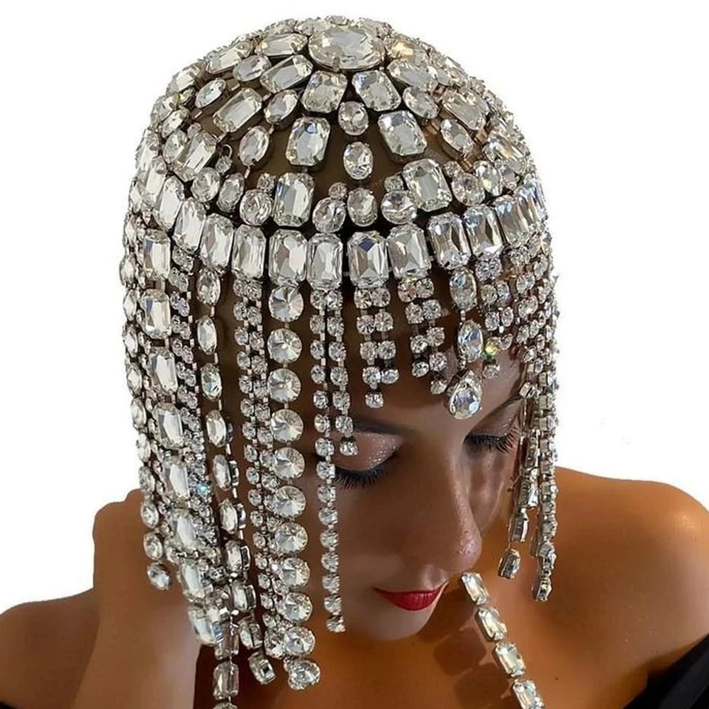 Crystal Square Tassel Hair Chain Bridal Headpiece for Women Rave Accessories Rhinestone Geometric Head Chain Hat Jewelry 250107
