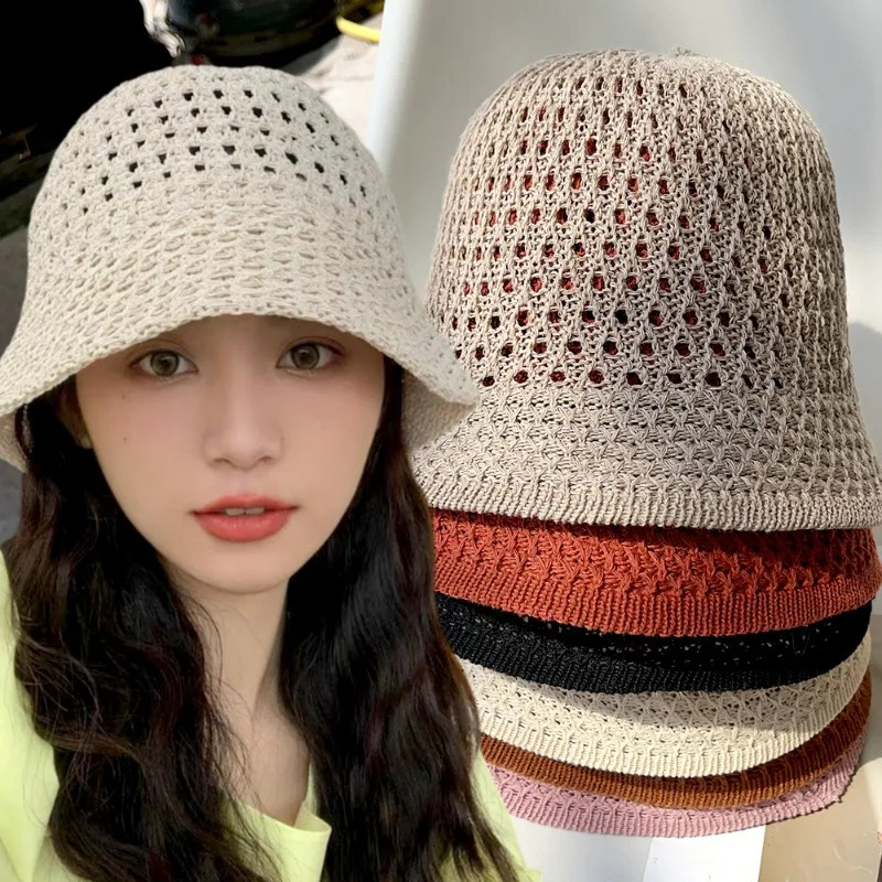 Summer Handmade Crochet Floppy Hats Collapsible Dome Bucket Hat Hollow Out Solid Color Beach Caps Simple Soft Women Hat 2024 250107