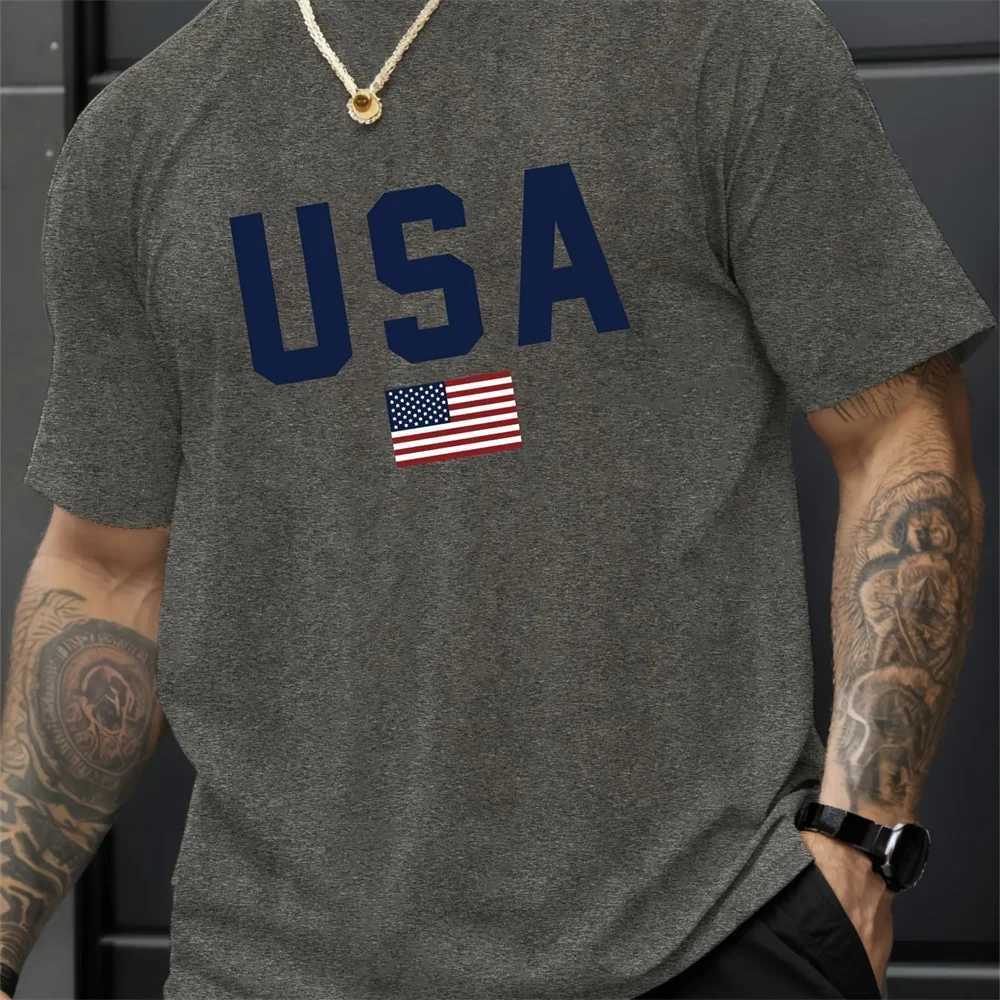 Mens Summer Crew Collar Letter Pattern Short Sleeve T-shirt - Breathable Polyester Fabric Slightly Stretching Regular Fit Casual M250410