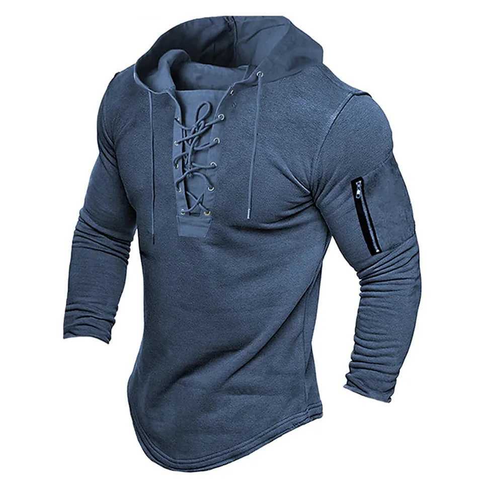 Mens Pullover Sweatshirt Solid Color Lace Up Casual Zipper Leisure Vacation Sports Hoodie W250108