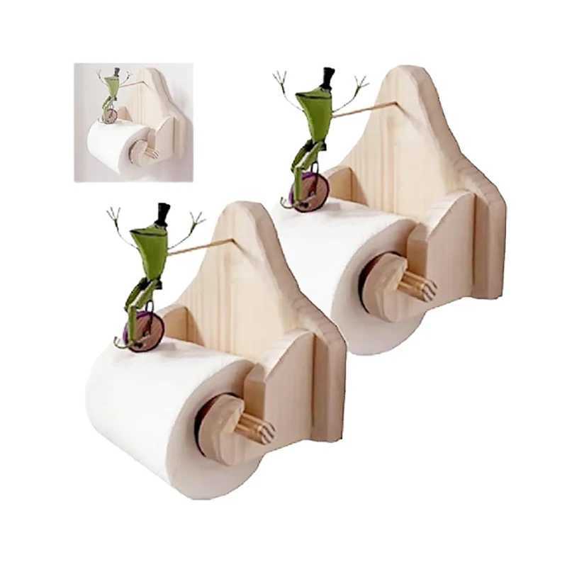 Creative frog riding bicycle toilet paper holder wooden tissue roll hanger toilet paper holder decoration bathroom accessories Y250107