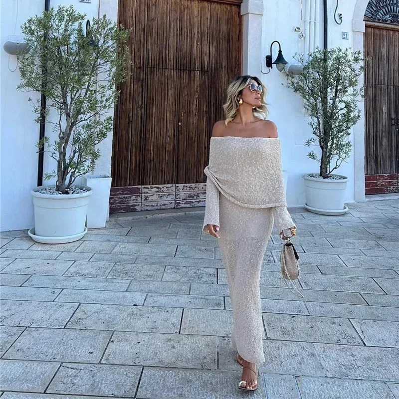 Y2k Hollow Out Strapless Knit Sexy Maxi Dress For Women Off-shoulder Backless Long Sleeve Beach Holiday Long Dress 2024 250107