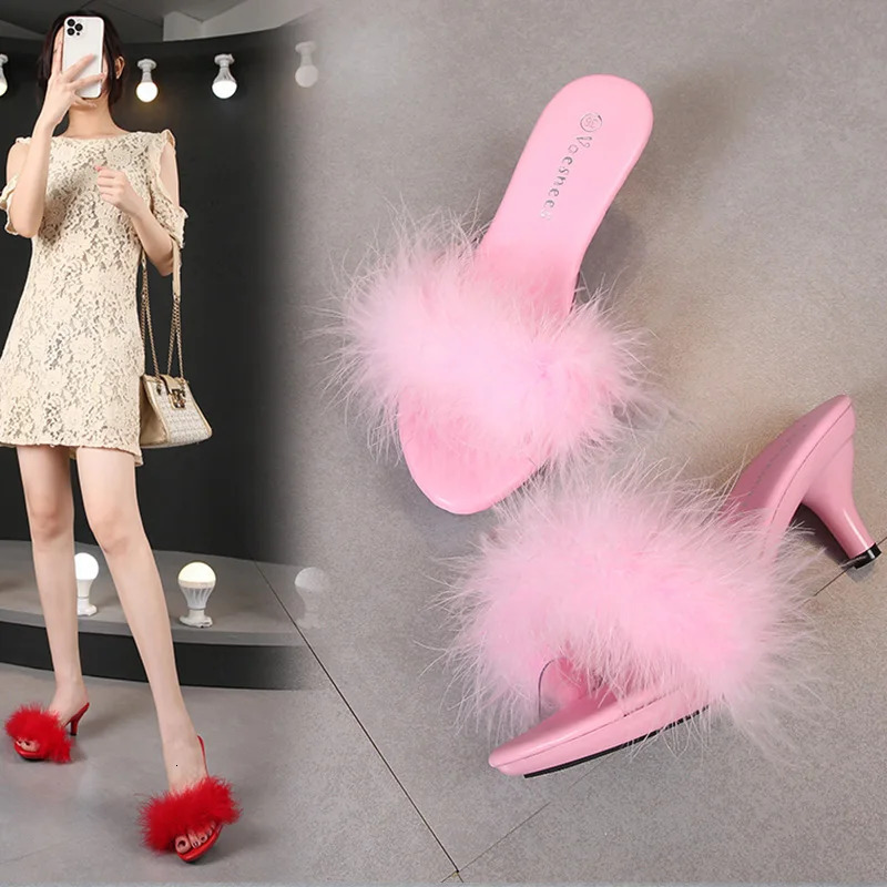 Summer Low Heel Bling Rhinestones Slippers Transparent Maomao Sandals Thin High Heels Sexy Party Comfortable Crystal Women Shoes 250107