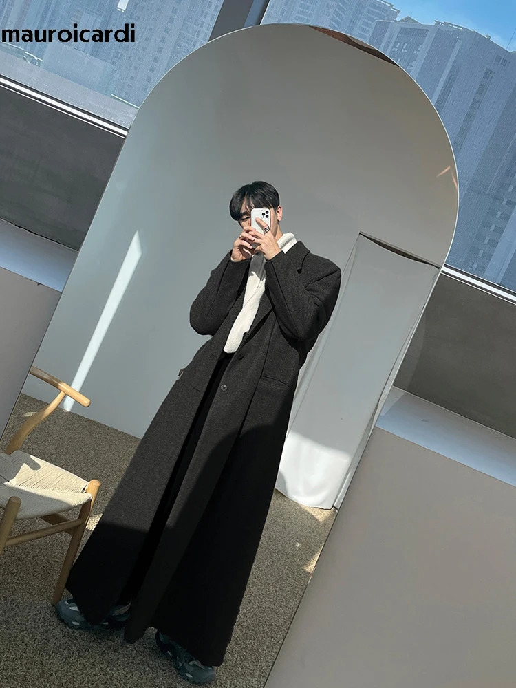 Mauroicardi Autumn Winter Extra Long Warm Black Loose Casual Wool Blends Coat Men Floor Length Overcoat Korean Fashion 250102