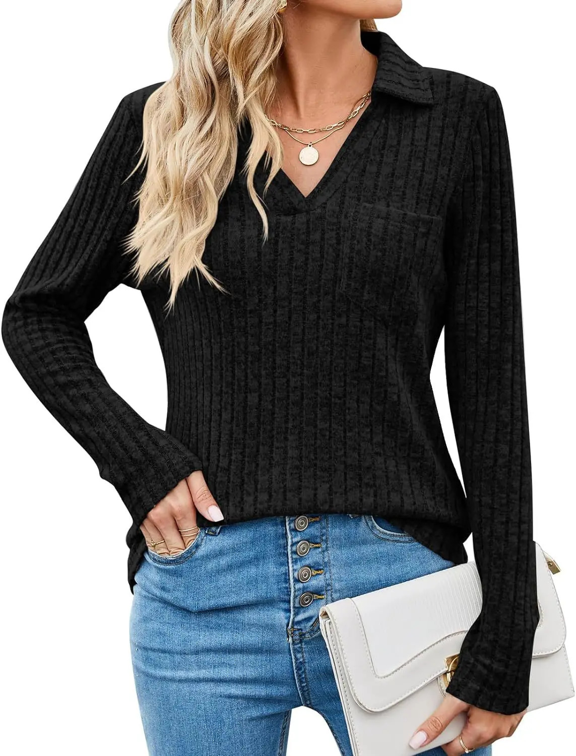6-Color Knitted Polo Collar Top Womens Long Sleeve Striped T-shirt Spring and Autumn Comfortable Clothes 2024 250107