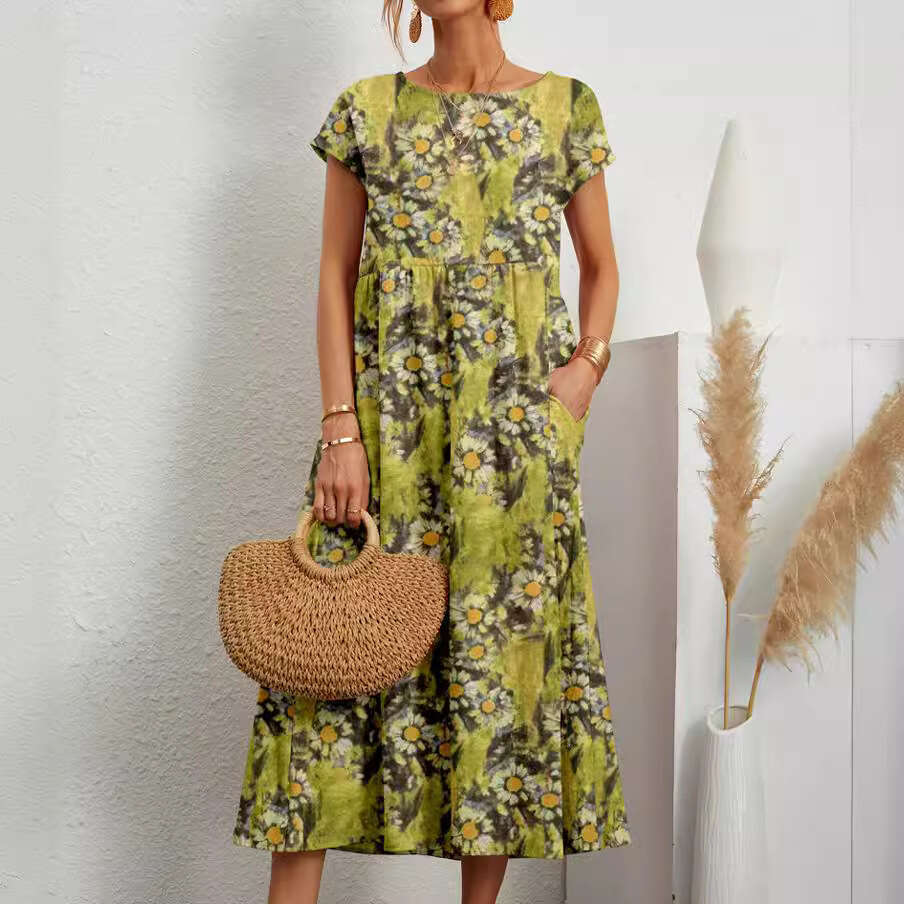 New Fashion Women's Loose Cotton Linen Sleeveless Round Neck Printed Summer Dress