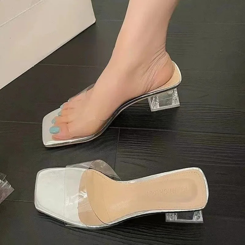 Crystal Clear Transparent Slippers Female Shoes Middle Heels Comfortable Summer Women Shoes Woman Fashion Cool Mules Slides 250107