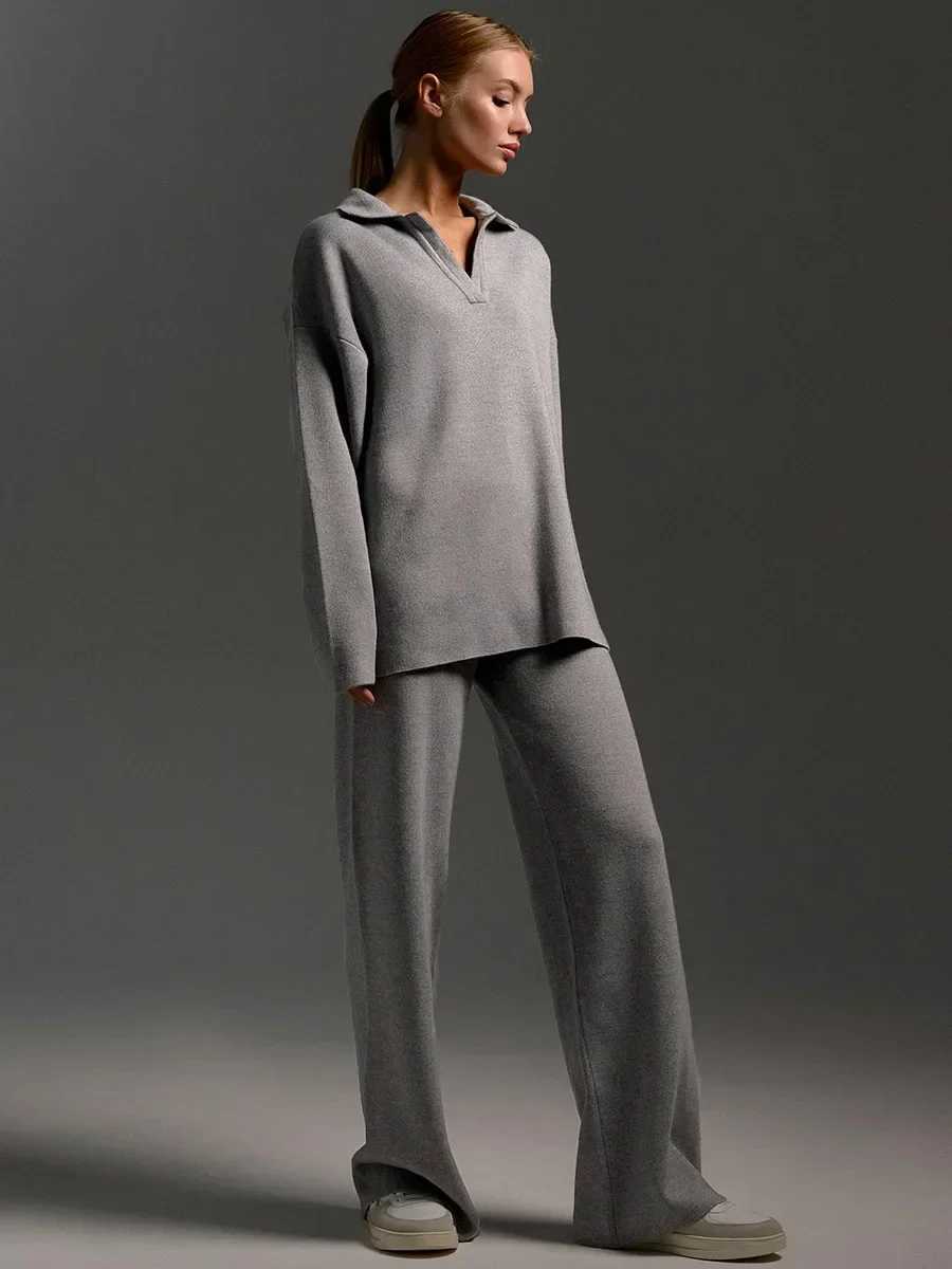 Bornlades Winter Thick Womens Knitted Set Cashmere Soft 2-piece Set Womens Collar Sweater and Wide Leg Pants Knitted Set W250108