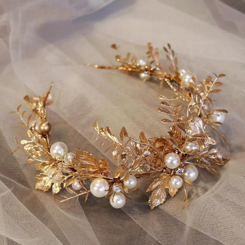 Wedding Hair Accessories Leaf Pearl Headband Gold Color Baroque Vintage Hairband For Bride Women Headpieces Crown Bridal Jewelry 250107