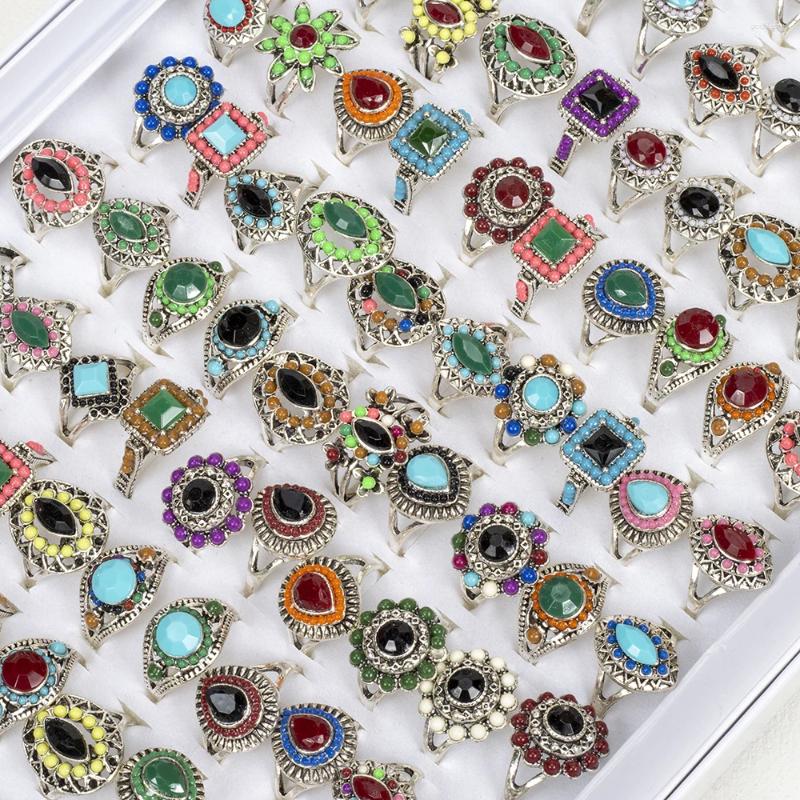 Cluster Rings Wholesale Bulk 30 Pieces/Lot Vintage Stone Flower For Women Fashion Jewelry Wedding Party