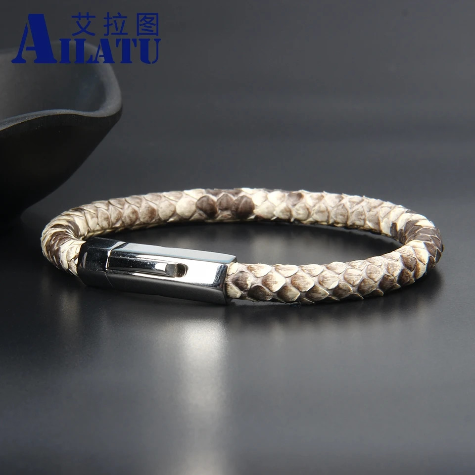 Ailatu 6mm Genuine Python Snake Skin Leather Buckle Bracelets Stainless Steel Jewelry 250107