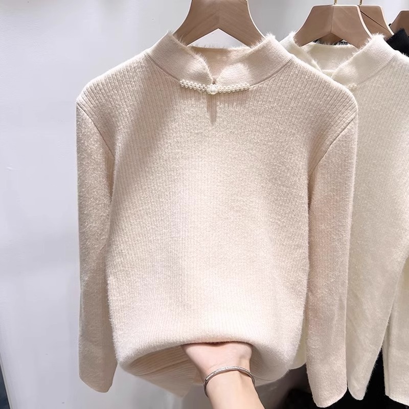 M1015 Chinese style buttoned plus velvet warm half-high collar knitted bottoming shirt women's one-piece fleece top spot autumn and winter inner 