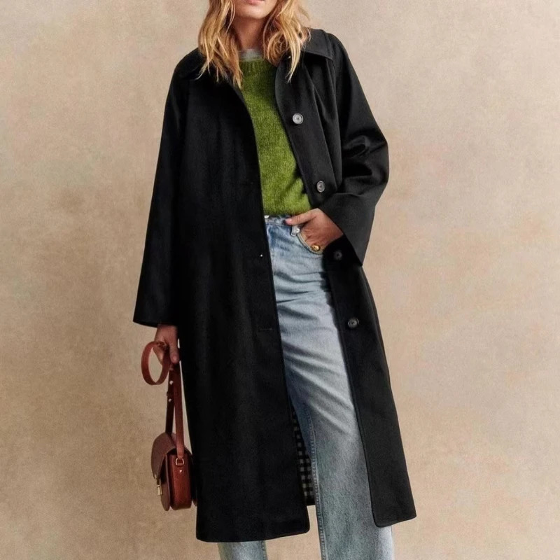 Women Solid Single Breasted Lapel Windbreaker Long Sleeve Plaid Lining Trench Coat Autumn Chic High Street Overcoat 250107