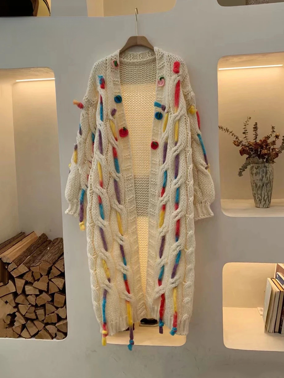 2025 Fall Sweet Handmade Coarse Wool Knitted Long Cardigan 90S Y2k Tassel Embroidered Coat Women's Winter Knitwear C-231