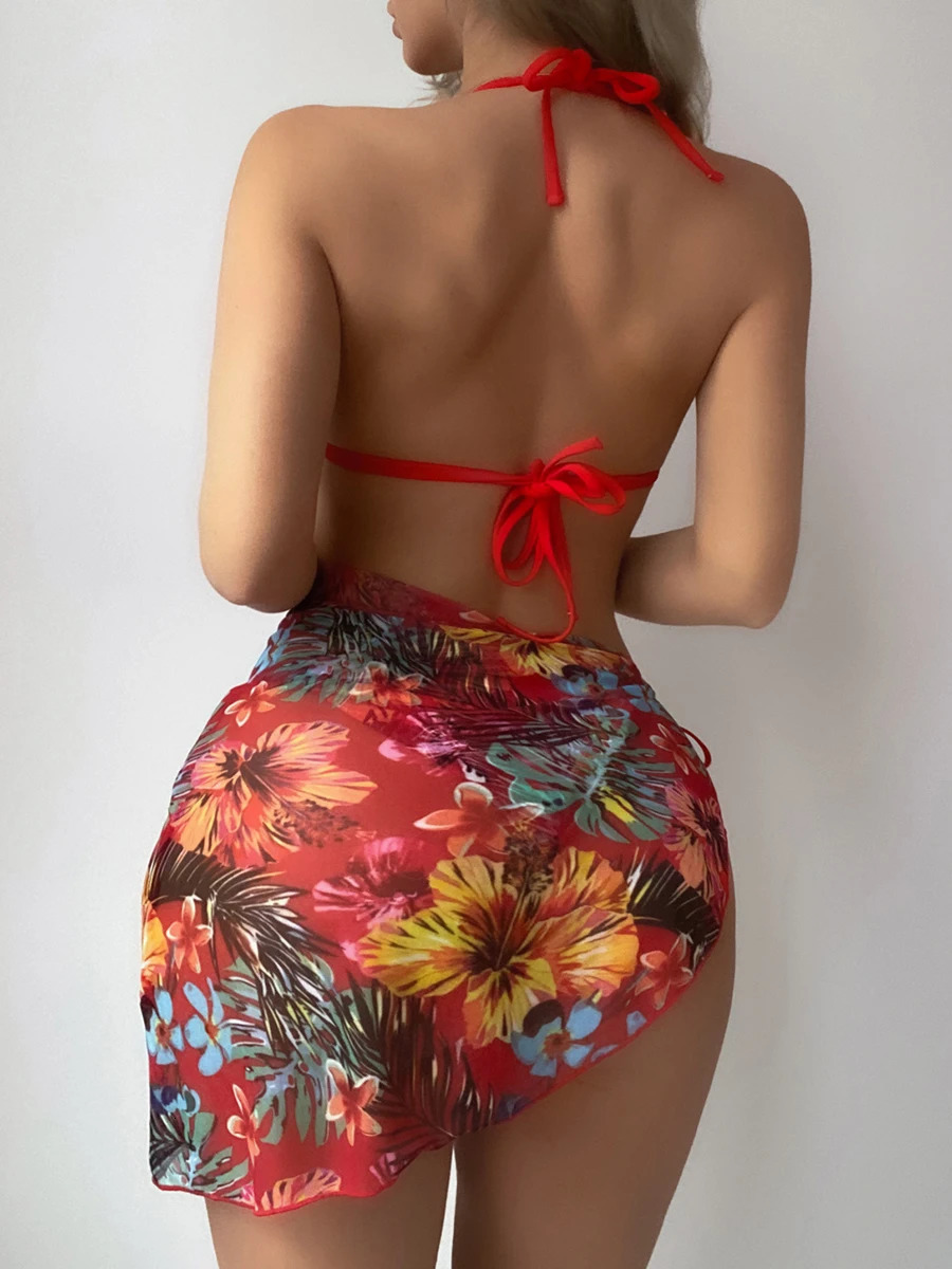 3 Pieces Sexy Triangle Bikini 2025 Women String Swimwear Female Floral Swimsuit With Beach Skirt Wear Printed Bathing Swim Suit 250106