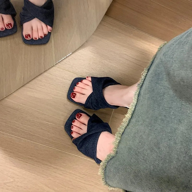 Summer 2024 Womens Slippers Open Toe Denim Thin Heels Outdoor Ladies Slippers Dress Party Shoes Mules Women Shoes D03 250107