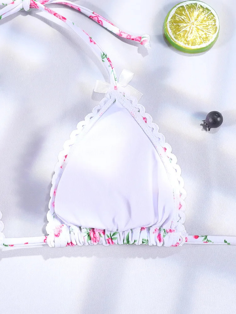 Floral Bikini Pink Swimwear Bow Swimsuit Women Low Waist Bathing Suit Summer Biquini Bandage Beachwear Sexy 250106