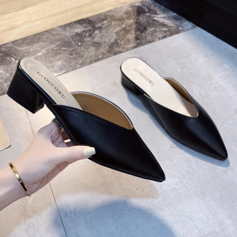 Summer Fashion Women Pointed Toe Slipper Nude White Square Low Heels Outsides Ladies Slides Beach Mules Shoes 250107