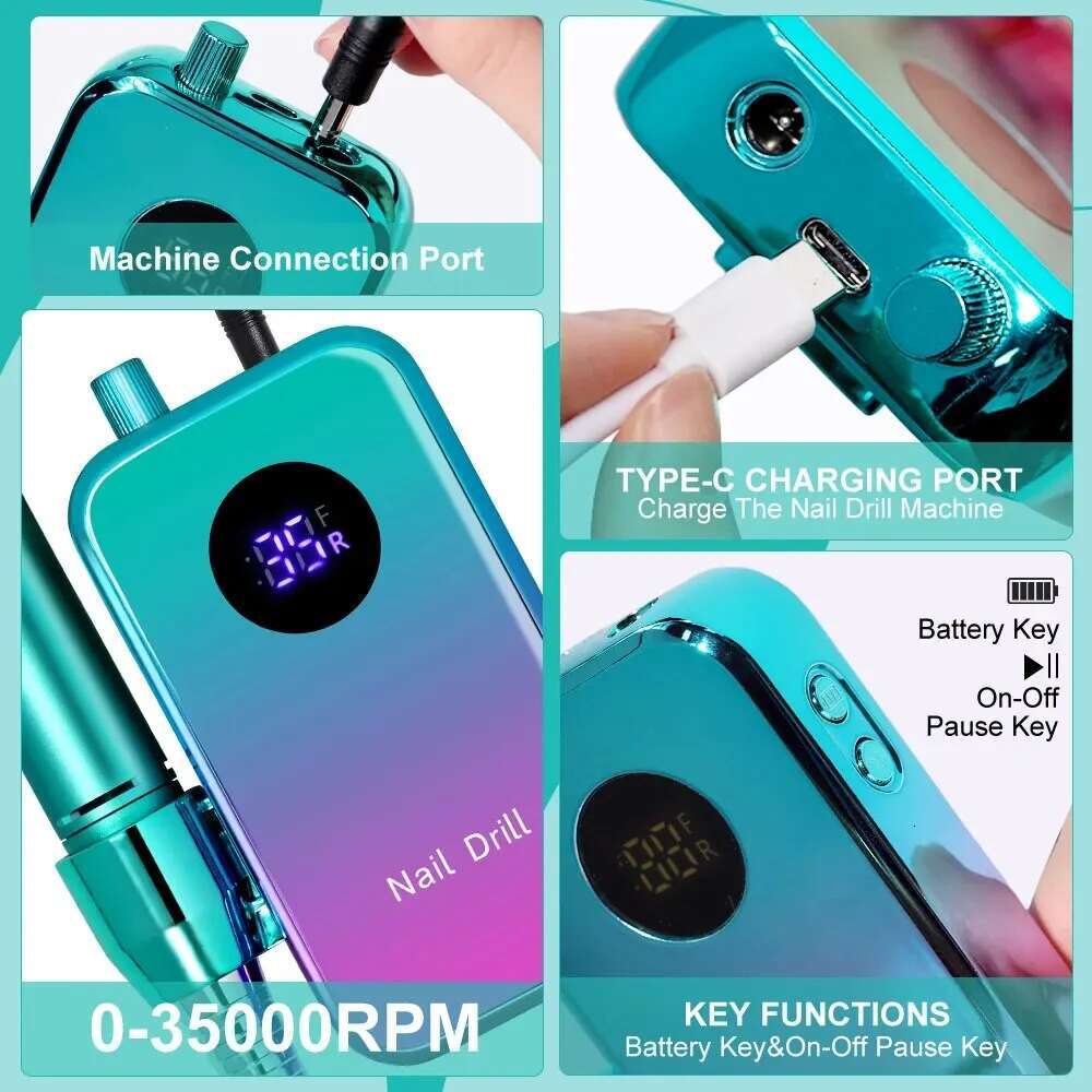 Professional 35000RPM Portable Electric Drill hine Display Nails Sander For Acrylic Gel Polish Rechargeable Nail Tool
