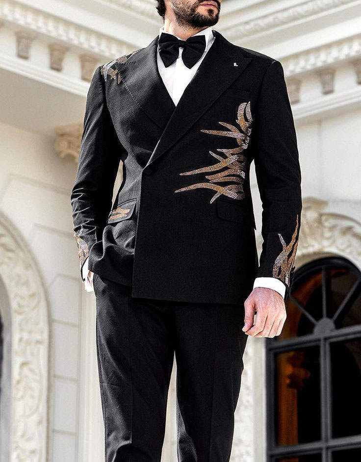 Simple Men Suits 2 Piece Set Jacket Pants Beaded Wedding Tuxedos Peaked Lapel One Button Party Event Groom suit Customized High Quality