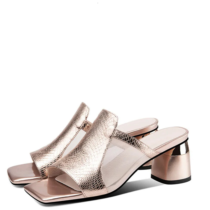 Summer Slippers Womens Thick Heels Middle Heels Square Toe Open Toe Soft Leather Outer Wear High Heels Women 250107