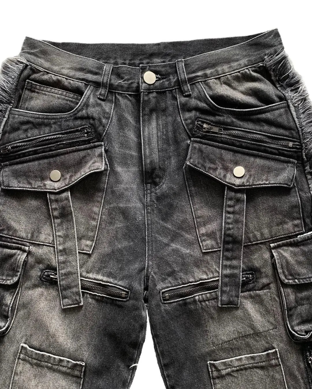 Gothic Harajuku Y2K Multi-Pocket Washed Black Jeans Men Fall Loose Drag Pants Street Hip Hop Rap 90s Spice Wide Leg Pants 250107