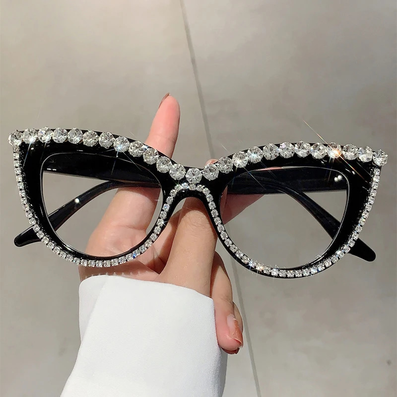 KAMMPT Retro Cat Eye Glasses With Rhinestones for Women 2024 Stylish Trendy er Oversized Spectacles 250107
