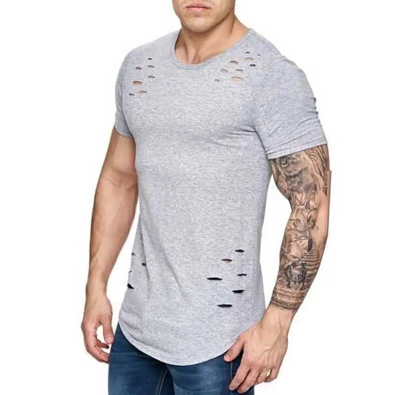 Hole ripped t-shirt mens short sleeved t-shirt fitness summer clothing mens fun solid t-shirt street slimming top M250108