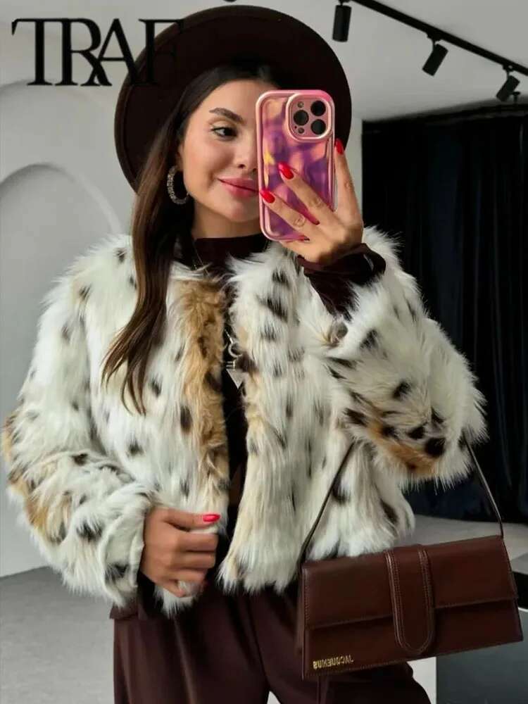 TRAF Elegant Print Women's Faux Fur Coat Chic Long Sleeve Warm Fluffy Plush Jacket New 2024 Autumn Winter Ladies Thick Outerwear