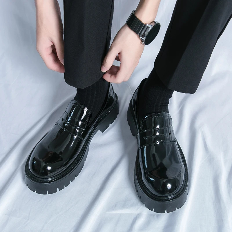 New Men Black Fashion Loafers Original Patent Round Thick Bottom Slip-On Formal Mens Shoes Business Office Leather Shoe 250308