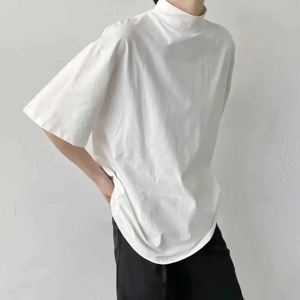 New semi high neck short sleeved T-shirt mens fashion brand loose fit fully matched half sleeved casual top solid color unisex clothing M250108