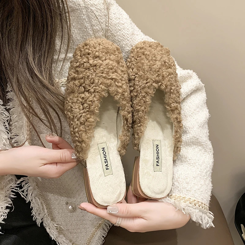 Aphixta 2.5cm Square Heel Warm Winter Furry Slide Suede Women Slippers Women Shoes Round Toe Low Heel Slip On Hair Slides 250107