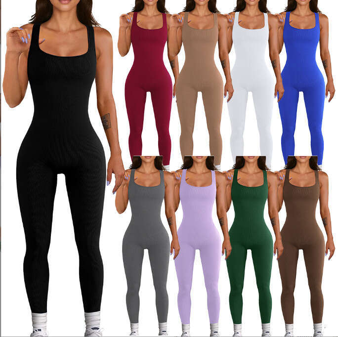 Women's Solid Color Sleeveless Vest With Threaded Square Neck, Backless, Buttocks Lifting, Slim Fit Sports Jumpsuit