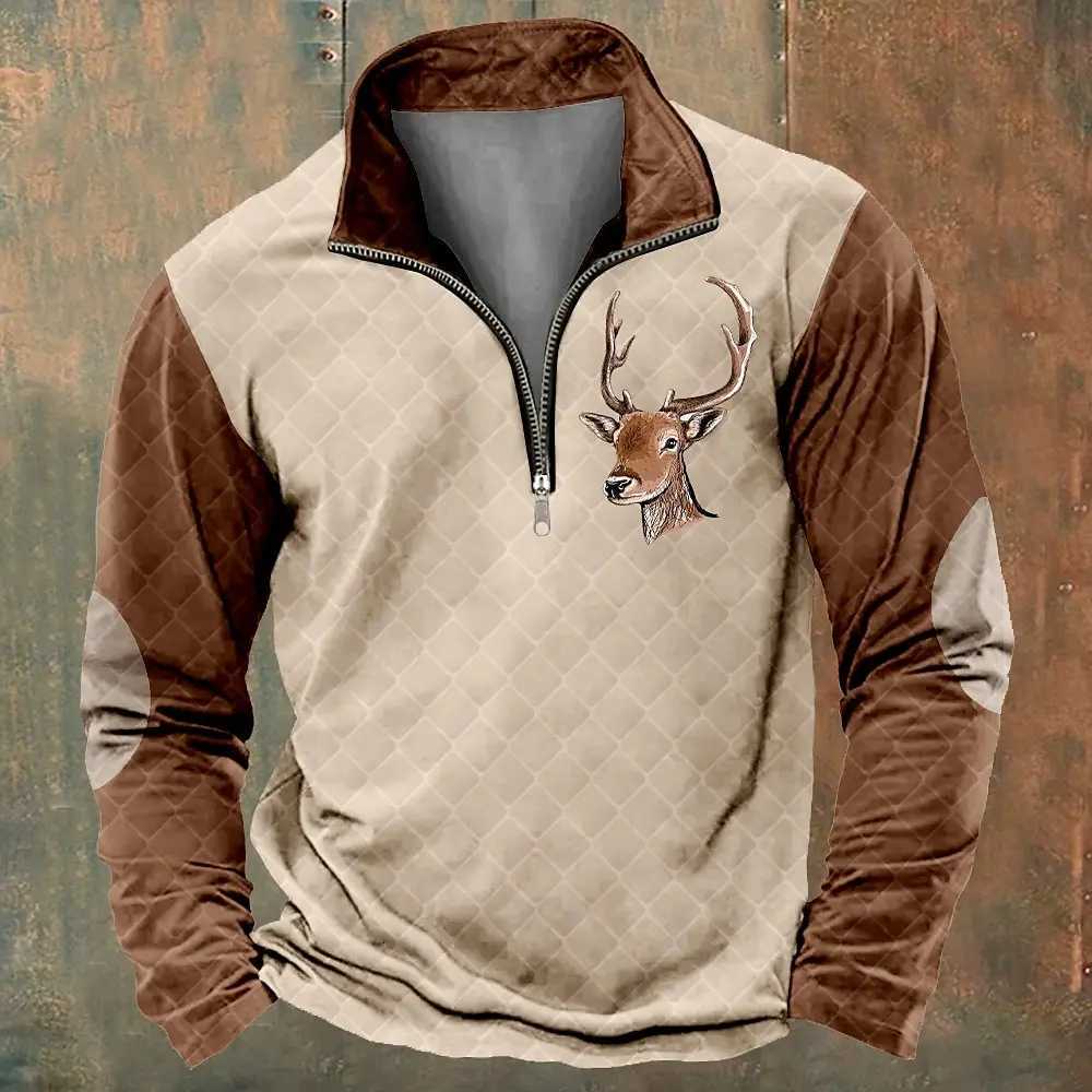 Interesting 3D reindeer print half zipper long sleeved sweatshirt fashionable stand up collar loose top autumn retro clothing casual mens zipper W2501