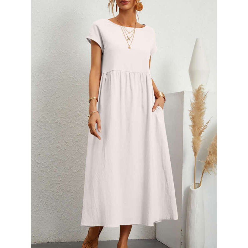 New European And American Solid Color Sleeveless Loose Cotton En Pocket Women's Dress Cross-Border