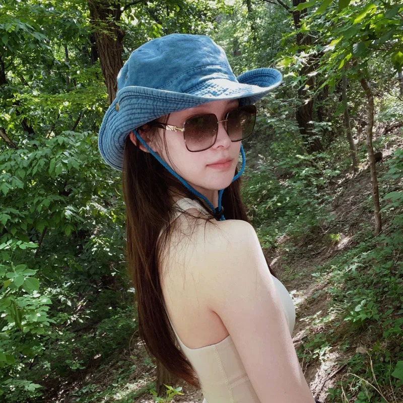 2025 Blue Cow Hiking Bucket Hats with String Men Denim Beach Sun Hat for Women Outdoor Couple Bob Panama Summer Fisherman Cap 250107