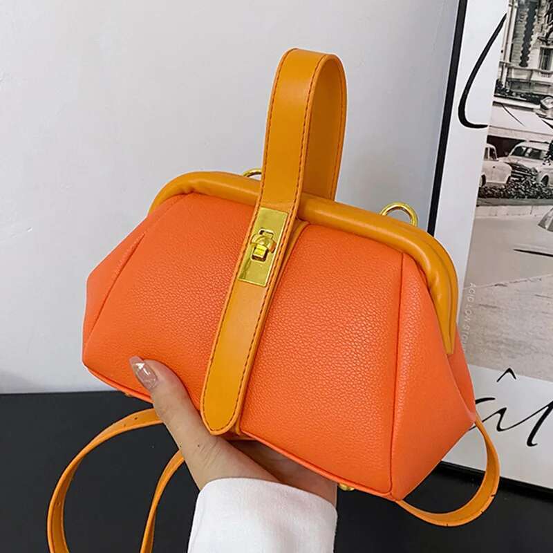 Designer Women Orange PU Leather Small Handbag Clutch Sier Shell Clip Bag Female Gold Blue Crossbody Shoulder Bags