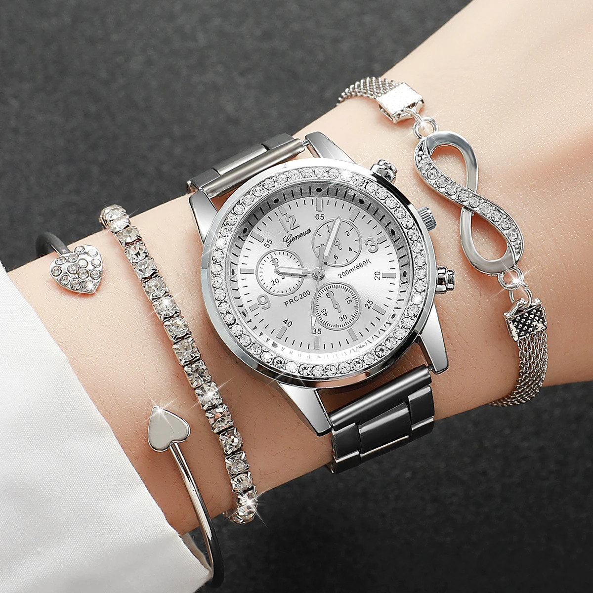 Women Fashion Silver Color Stainless Steel Quartz Watch Beads Jewelry Set 241228