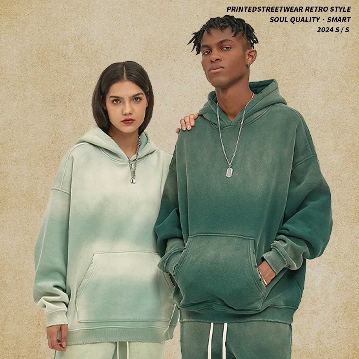 Solid color blank plus wool thick spray dyeing aging hoodie W250108